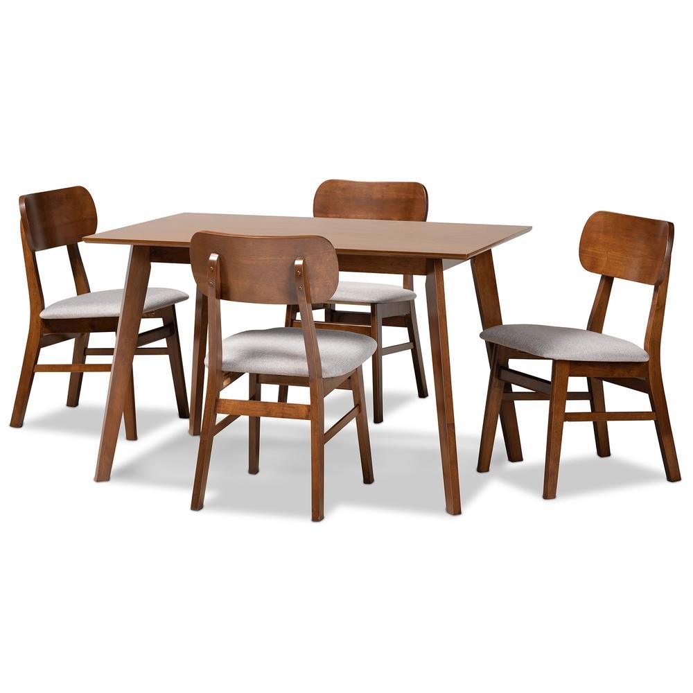 Grey Fabric Upholstered and Walnut Brown Finished Wood 5-Piece Dining Set