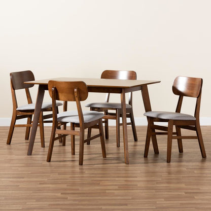Grey Fabric Upholstered and Walnut Brown Finished Wood 5-Piece Dining Set