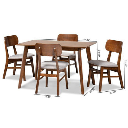 Grey Fabric Upholstered and Walnut Brown Finished Wood 5-Piece Dining Set