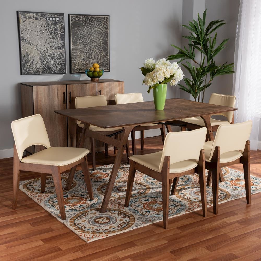 Leather Upholstered and Walnut Brown Finished Wood 7-Piece Dining Set