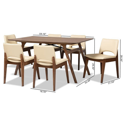 Leather Upholstered and Walnut Brown Finished Wood 7-Piece Dining Set