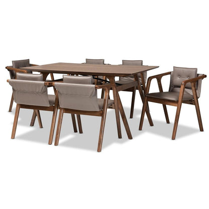 Mid-Century Modern Grey Imitation Leather, Walnut Brown Wood 7-Piece Dining Set