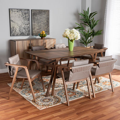 Mid-Century Modern Grey Imitation Leather, Walnut Brown Wood 7-Piece Dining Set