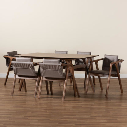 Mid-Century Modern Grey Imitation Leather, Walnut Brown Wood 7-Piece Dining Set