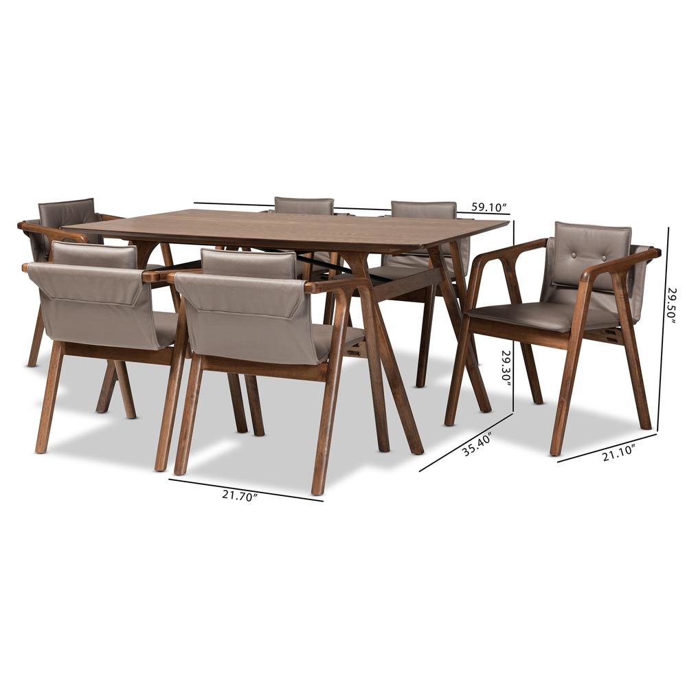Mid-Century Modern Grey Imitation Leather, Walnut Brown Wood 7-Piece Dining Set