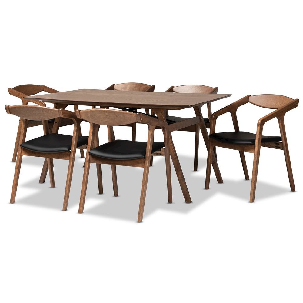 Leather Upholstered and Walnut Brown Finished Wood 7-Piece Dining Set