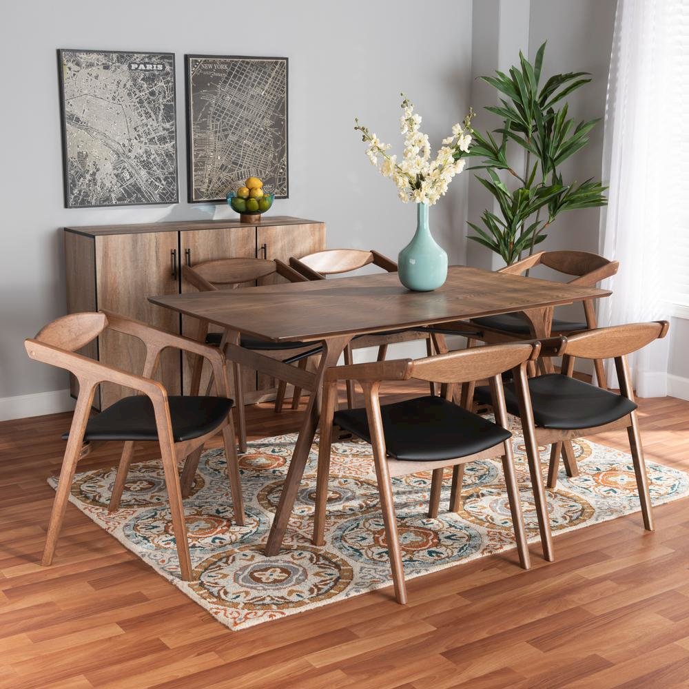 Leather Upholstered and Walnut Brown Finished Wood 7-Piece Dining Set