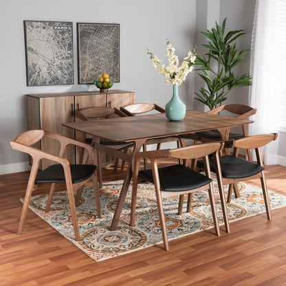 Leather Upholstered and Walnut Brown Finished Wood 7-Piece Dining Set