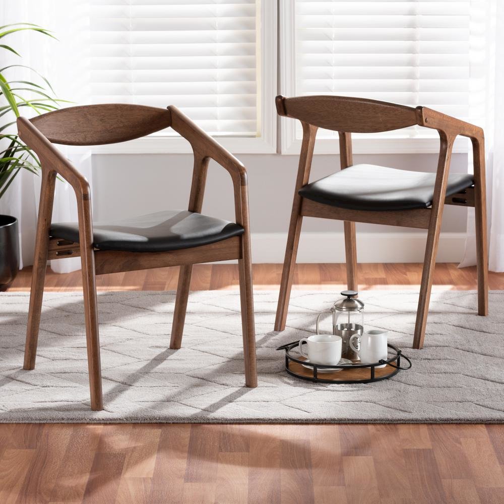 Leather Upholstered and Walnut Brown Finished Wood 2-Piece Dining Chair Set