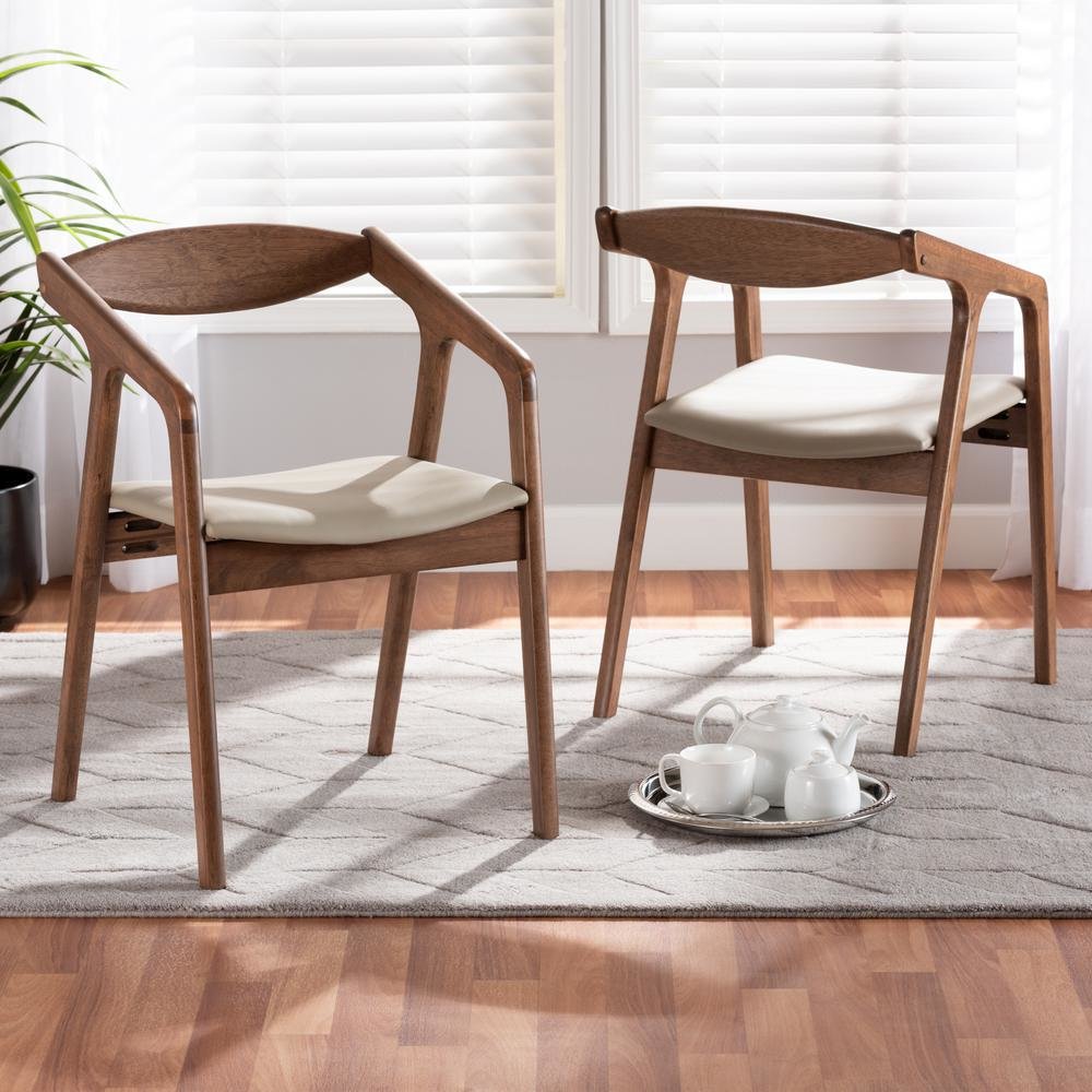 Leather Upholstered and Walnut Brown Finished Wood 2-Piece Dining Chair Set
