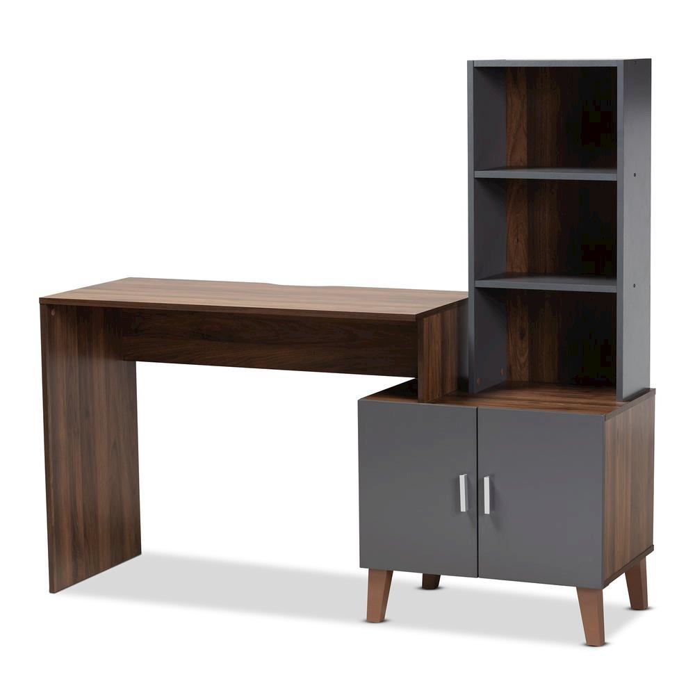 Two-Tone Walnut Brown and Dark Grey Finished Wood Storage Desk with Shelves