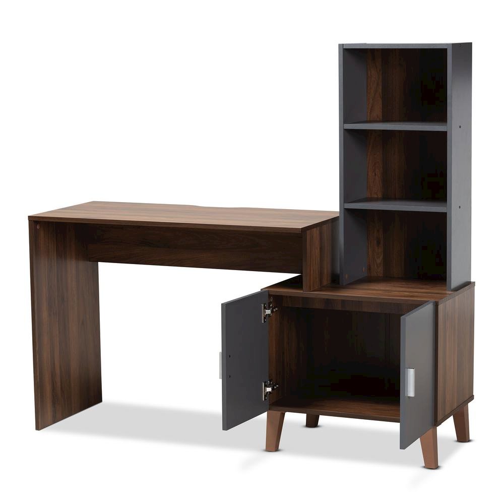 Two-Tone Walnut Brown and Dark Grey Finished Wood Storage Desk with Shelves