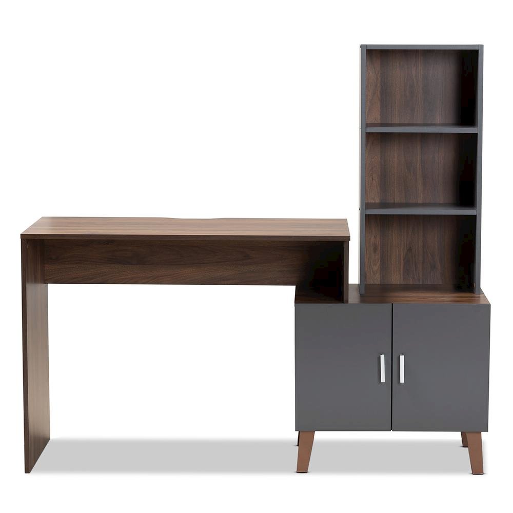 Two-Tone Walnut Brown and Dark Grey Finished Wood Storage Desk with Shelves