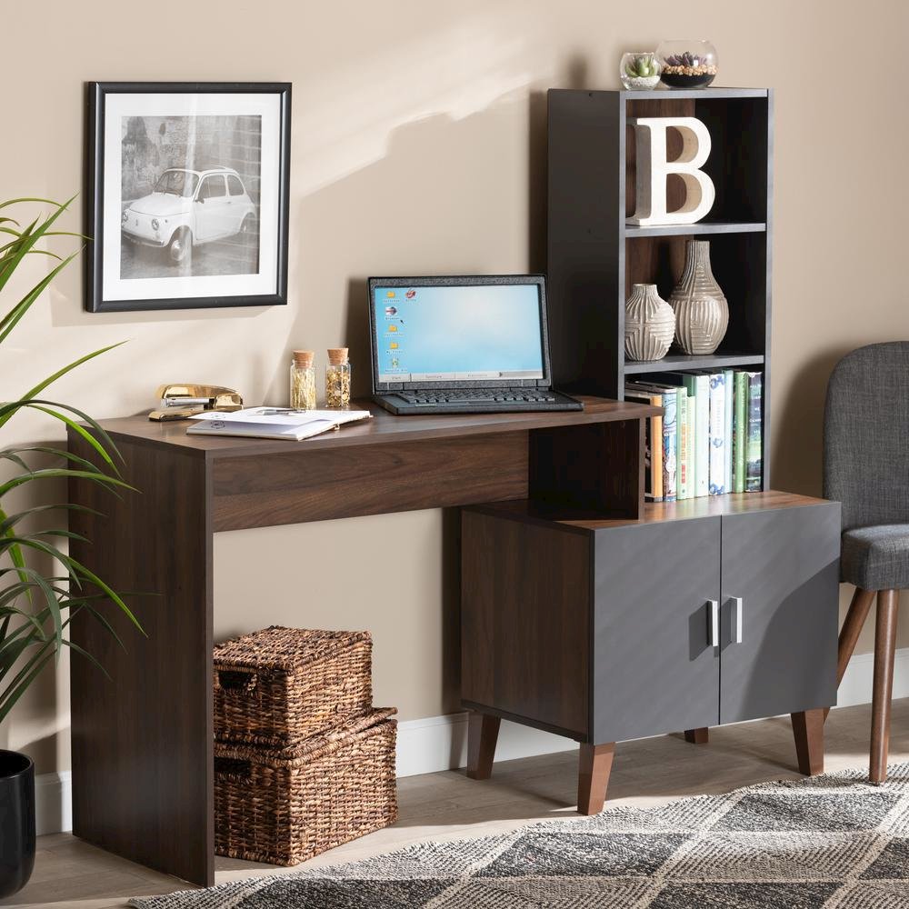 Two-Tone Walnut Brown and Dark Grey Finished Wood Storage Desk with Shelves