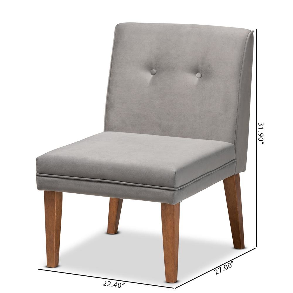 Grey Velvet Upholstered and Walnut Brown Finished Wood Dining Chair