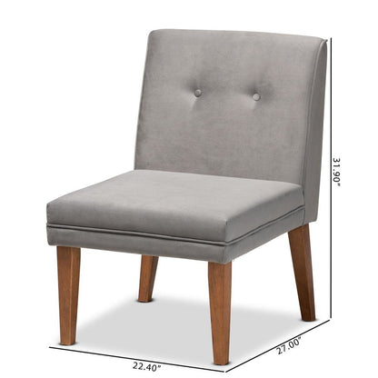 Grey Velvet Upholstered and Walnut Brown Finished Wood Dining Chair
