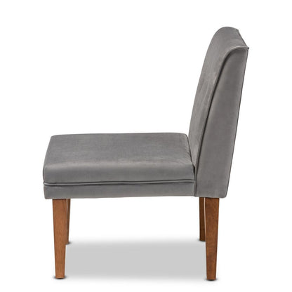 Grey Velvet Upholstered and Walnut Brown Finished Wood Dining Chair