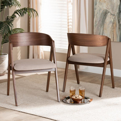 Beige Fabric Upholstered and Walnut Brown Finished Wood 2-Piece Dining Chair Set