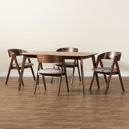 Beige Fabric Upholstered and Walnut Brown Finished Wood 5-Piece Dining Set