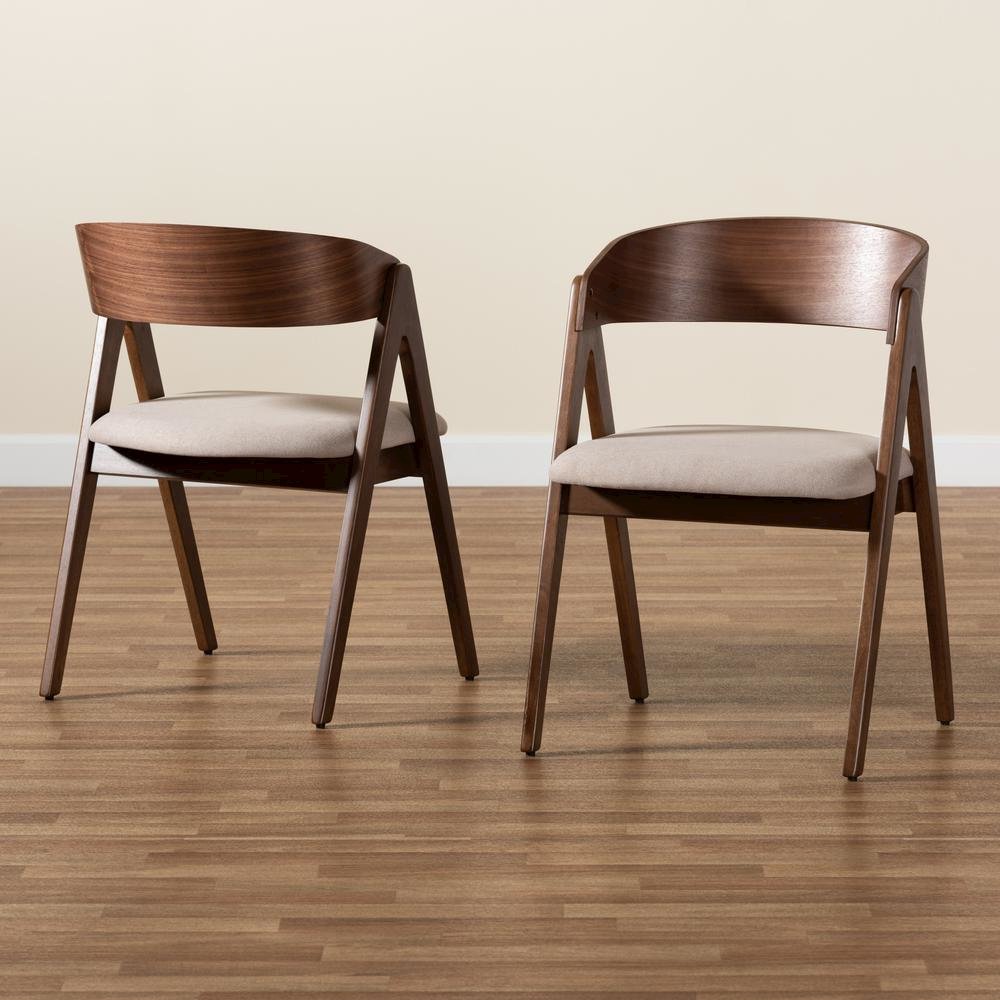 Beige Fabric Upholstered and Walnut Brown Finished Wood 2-Piece Dining Chair Set