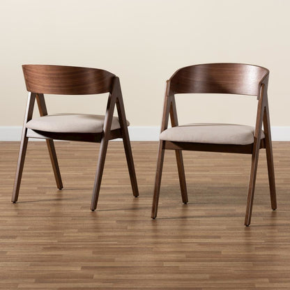 Beige Fabric Upholstered and Walnut Brown Finished Wood 2-Piece Dining Chair Set