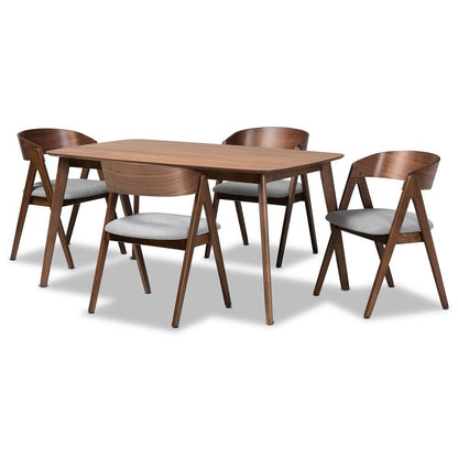 Grey Fabric Upholstered and Walnut Brown Finished Wood 5-Piece Dining Set