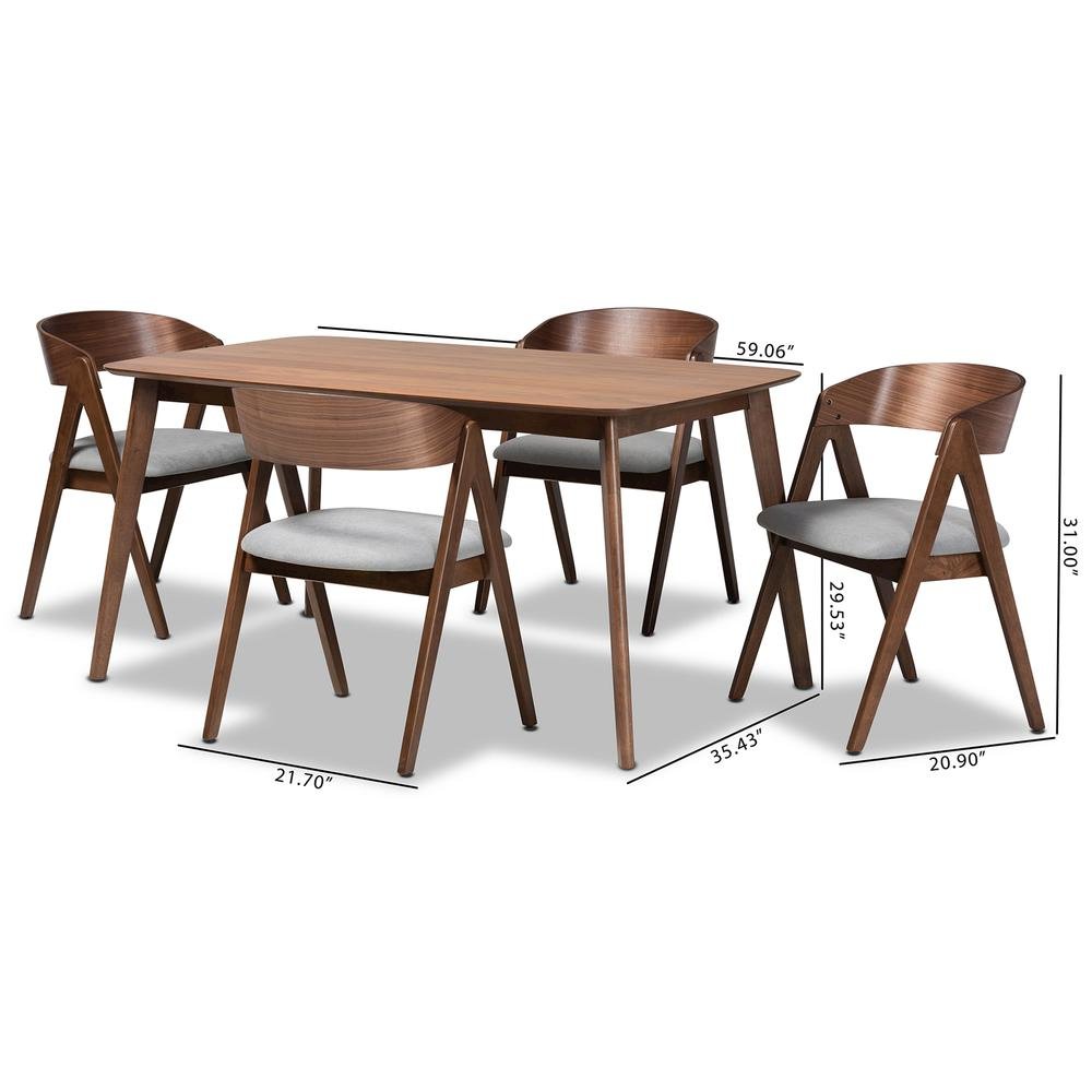 Grey Fabric Upholstered and Walnut Brown Finished Wood 5-Piece Dining Set