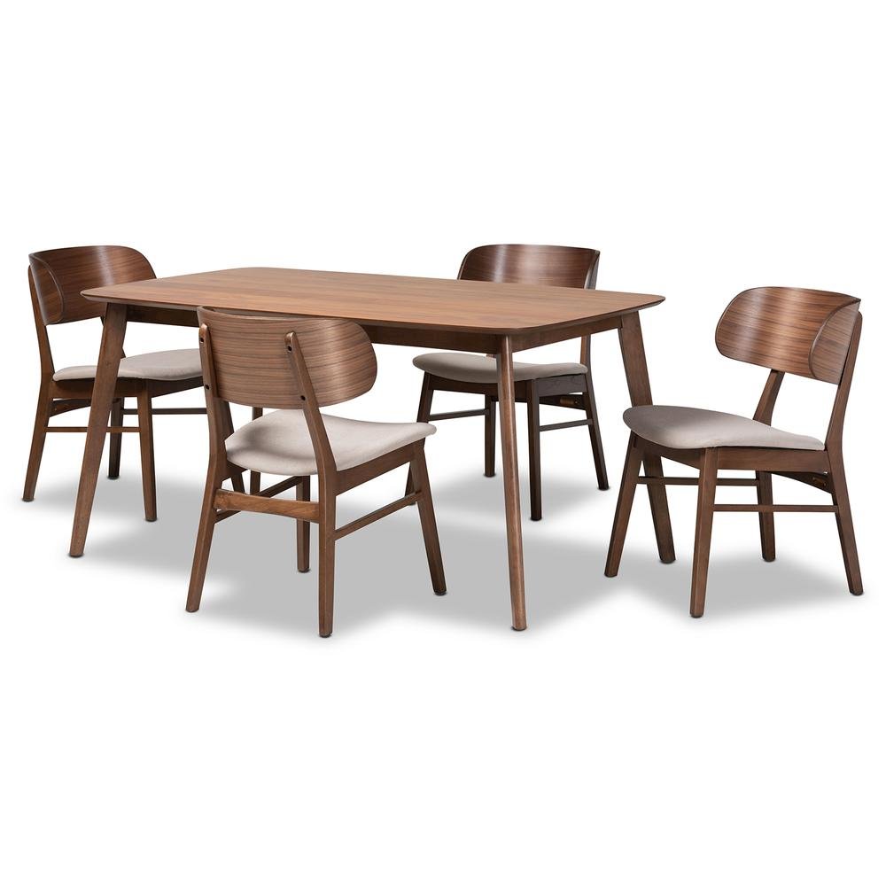 Beige Fabric Upholstered and Walnut Brown Finished Wood 5-Piece Dining Set
