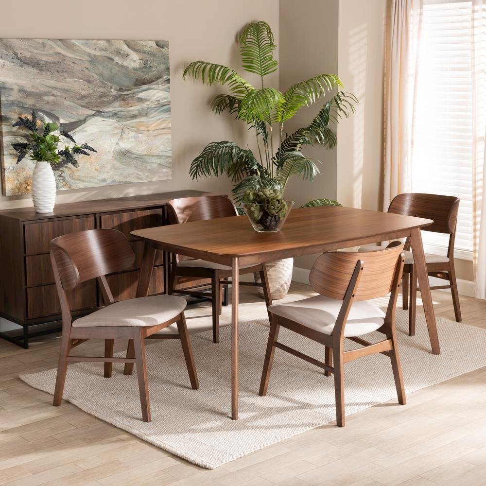 Beige Fabric Upholstered and Walnut Brown Finished Wood 5-Piece Dining Set