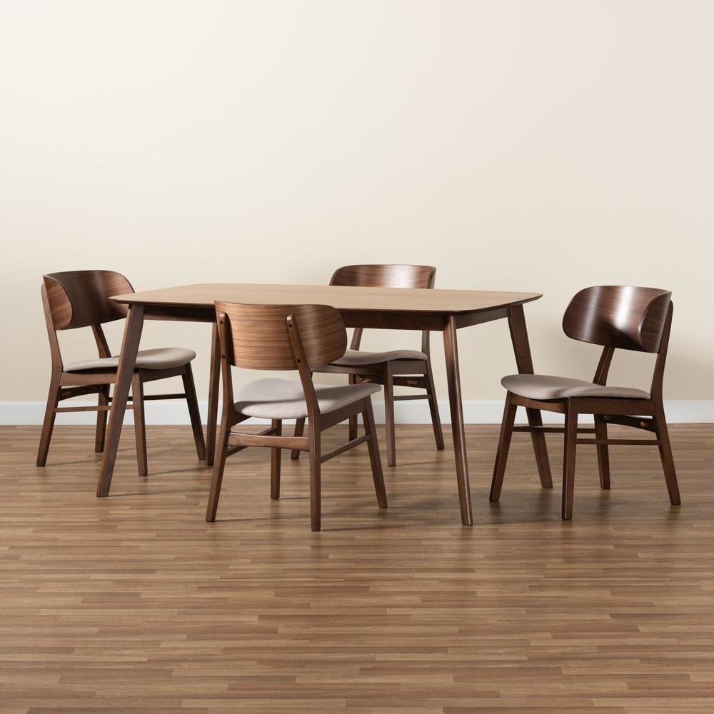 Beige Fabric Upholstered and Walnut Brown Finished Wood 5-Piece Dining Set