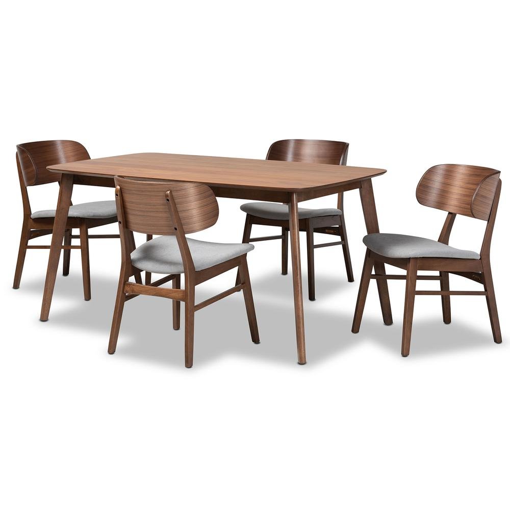 Grey Fabric Upholstered and Walnut Brown Finished Wood 5-Piece Dining Set