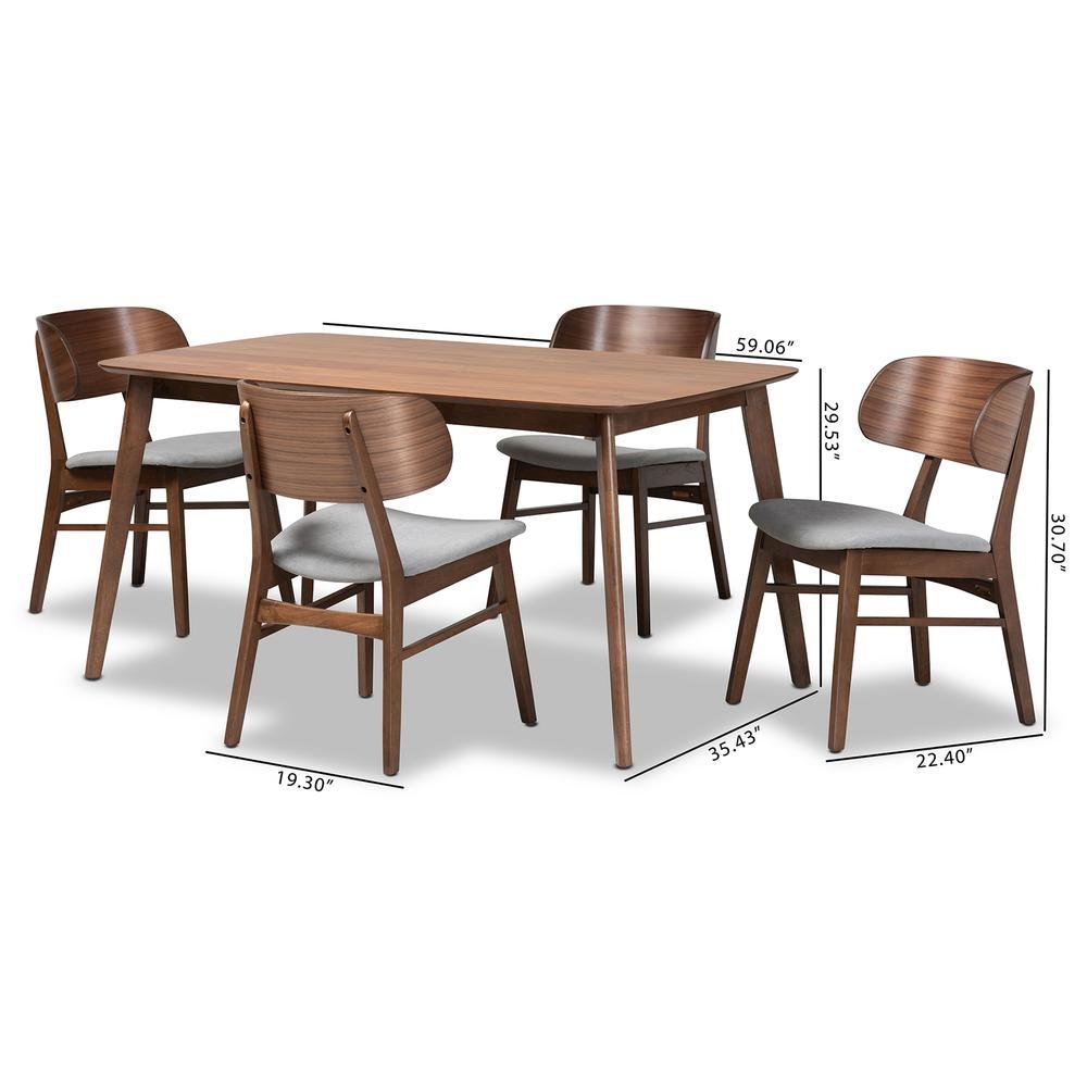 Grey Fabric Upholstered and Walnut Brown Finished Wood 5-Piece Dining Set