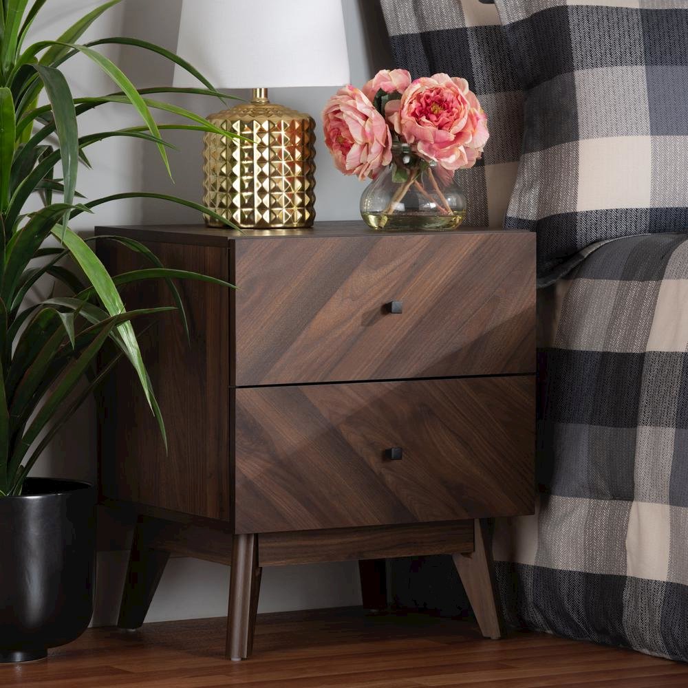 Hartman Mid-Century Modern Walnut Brown Finished Wood 2-Drawer Nightstand