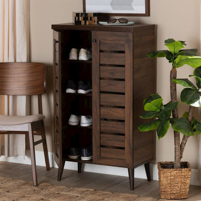Walnut Brown Finished Wood 2-Door Shoe Storage Cabinet