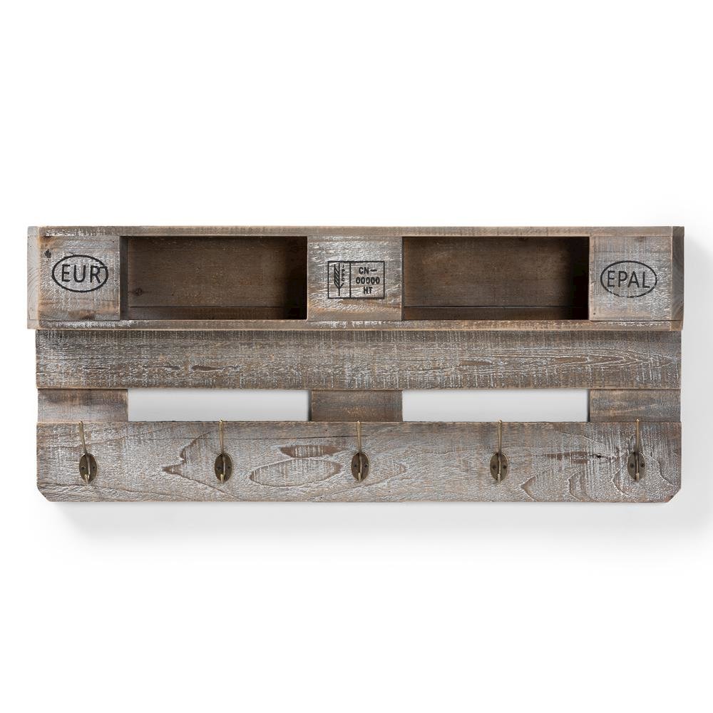 Rustic Whitewashed Grey Oak Finished Wood Wall Mounted Coat Rack with Shelves