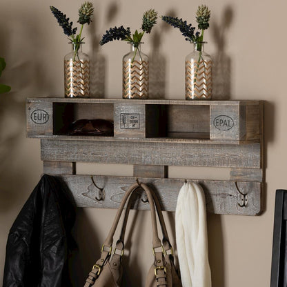 Rustic Whitewashed Grey Oak Finished Wood Wall Mounted Coat Rack with Shelves