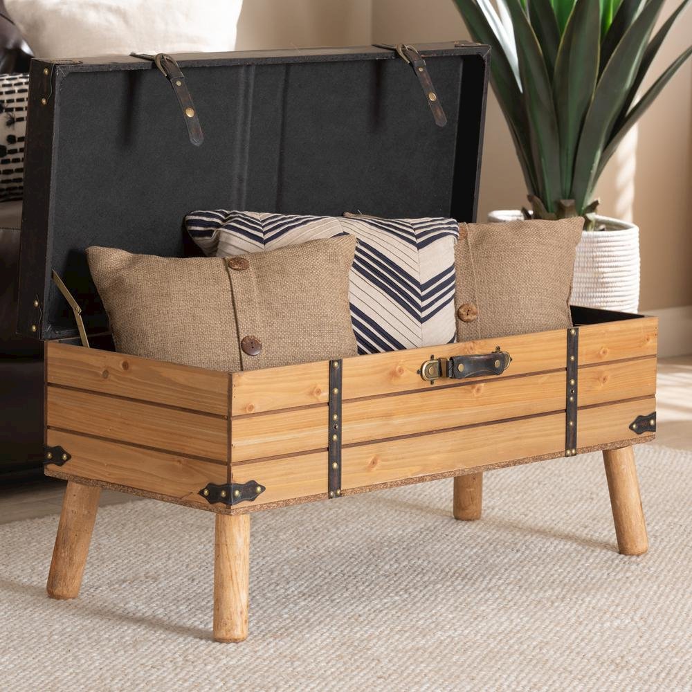 Dark Brown PU Leather Upholstered and Oak Finished Wood Large Storage Ottoman