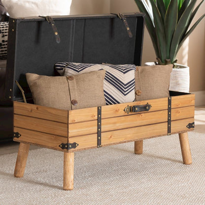 Dark Brown PU Leather Upholstered and Oak Finished Wood Large Storage Ottoman