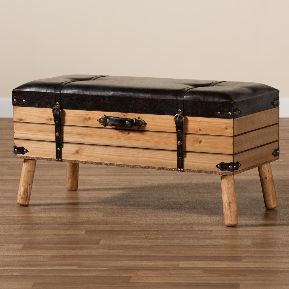 Dark Brown PU Leather Upholstered and Oak Finished Wood Large Storage Ottoman