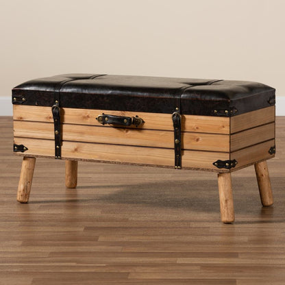 Dark Brown PU Leather Upholstered and Oak Finished Wood Large Storage Ottoman