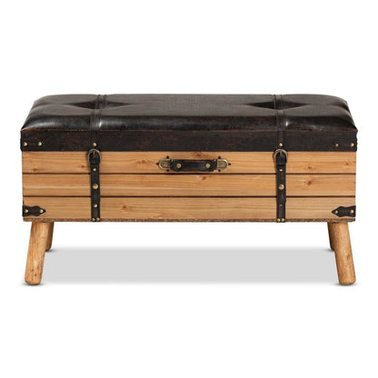 Dark Brown PU Leather Upholstered and Oak Finished Wood Large Storage Ottoman