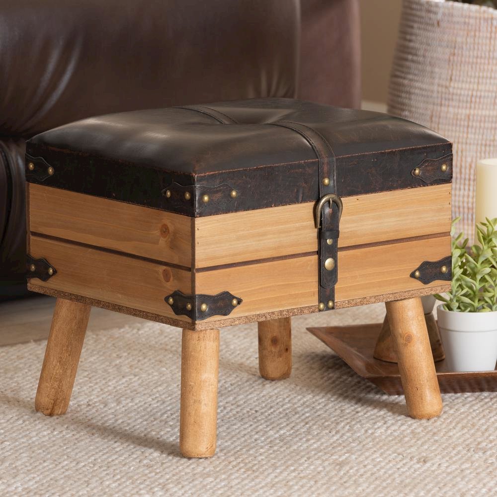 Dark Brown PU Leather Upholstered and Oak Finished Wood Small Storage Ottoman