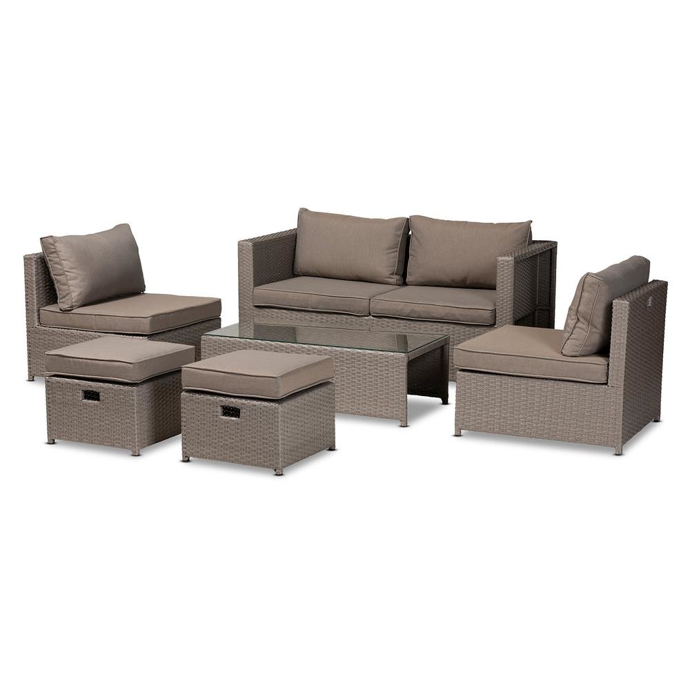 Grey Fabric Upholstered and Grey Finished Synthetic Rattan 6-Piece Patio Set