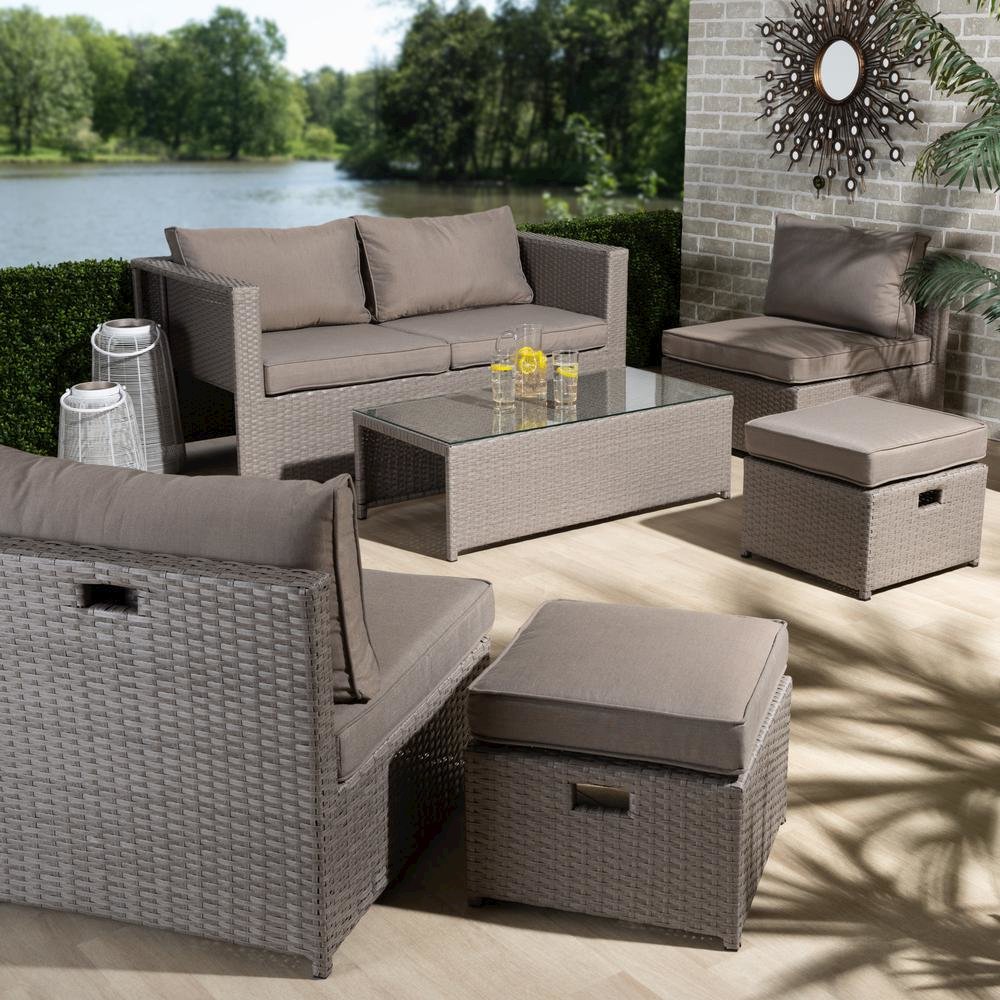 Grey Fabric Upholstered and Grey Finished Synthetic Rattan 6-Piece Patio Set