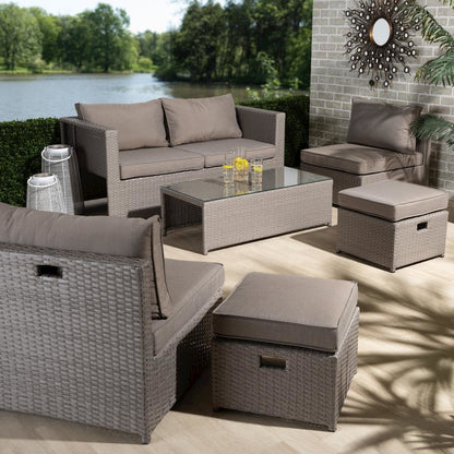 Grey Fabric Upholstered and Grey Finished Synthetic Rattan 6-Piece Patio Set