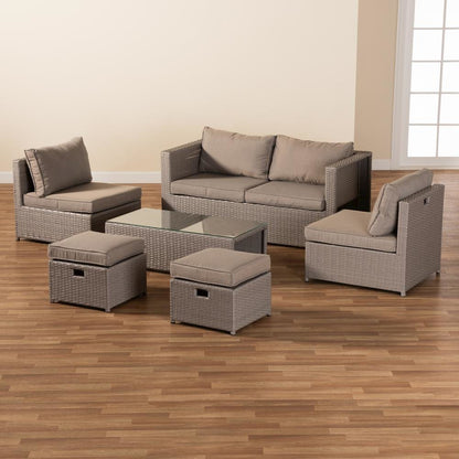 Grey Fabric Upholstered and Grey Finished Synthetic Rattan 6-Piece Patio Set