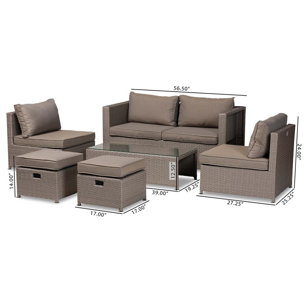 Grey Fabric Upholstered and Grey Finished Synthetic Rattan 6-Piece Patio Set