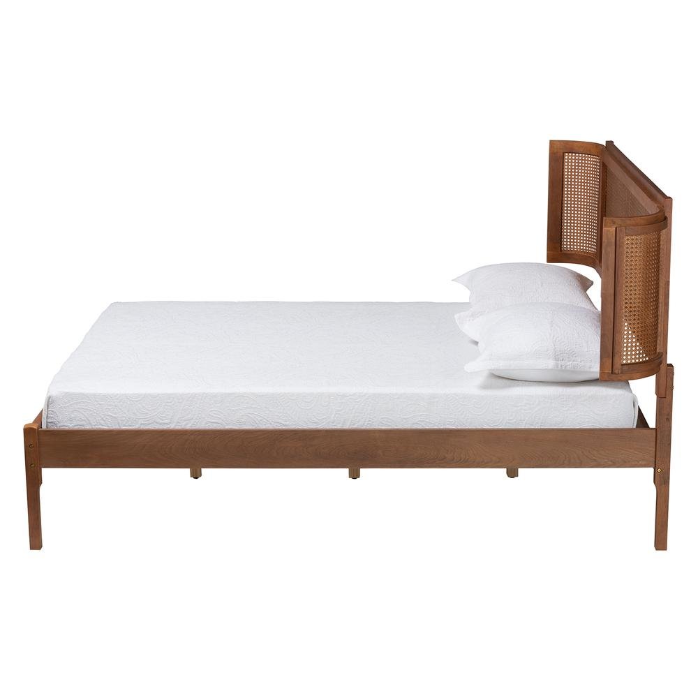 Walnut Brown Finished Wood and Natural Rattan Full Size Platform Bed