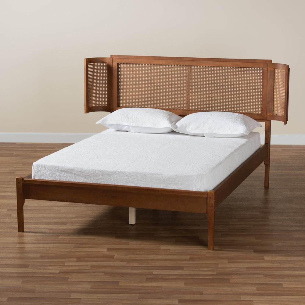 Walnut Brown Finished Wood and Natural Rattan Full Size Platform Bed