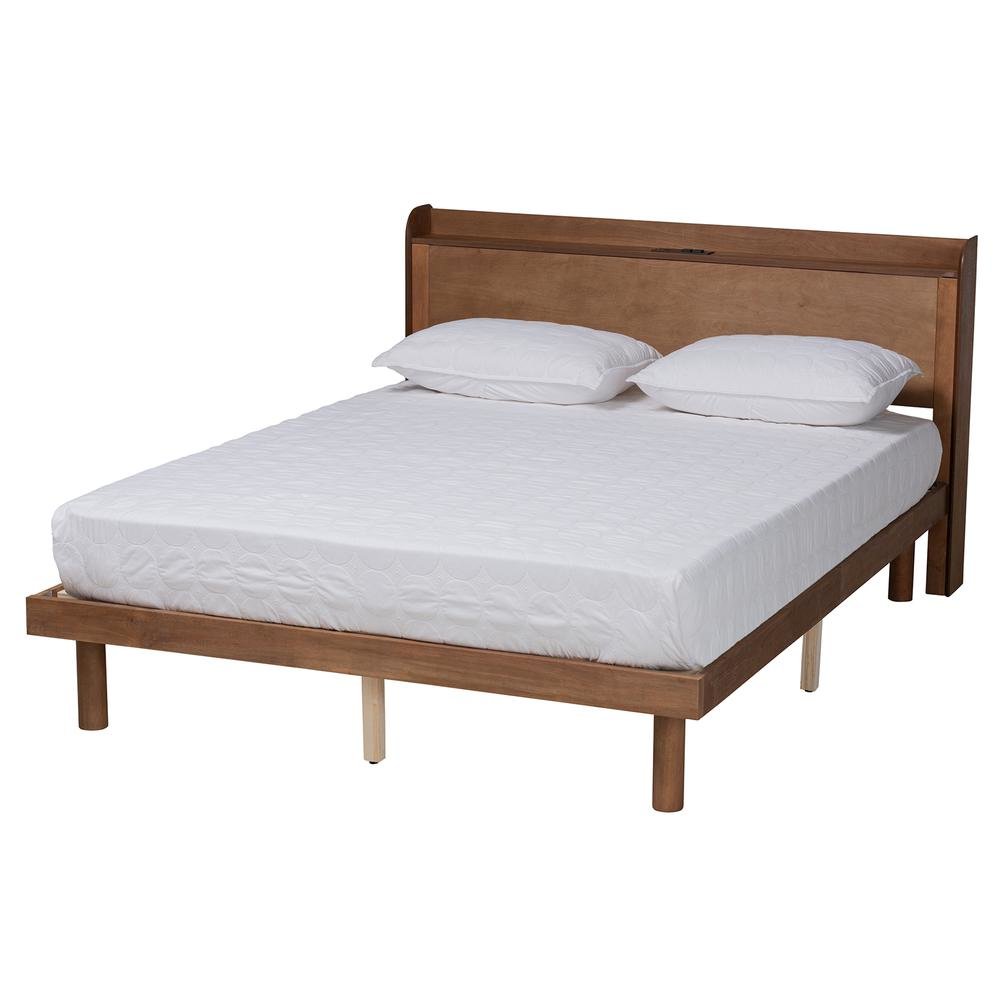 Walnut Brown Finished Wood Full Size Platform Bed with Charging Station